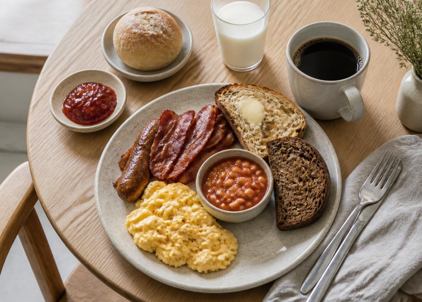 Fyr Frokost breakfast plate with eggs, bacon, beans, bread and coffee