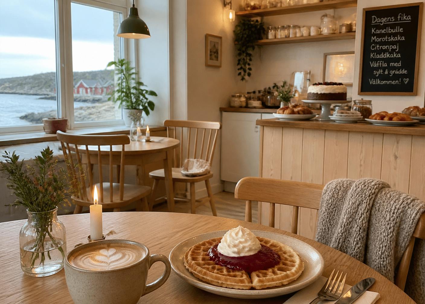 Alnes café interior with waffles and coffee